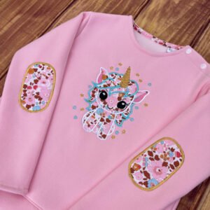 Sweat molletonné rose layette et liberty Betsy écureuil broderie licorne girly