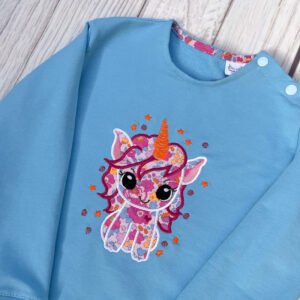 Sweat léger bleu orage et liberty Betsy Malibu broderie Licorne