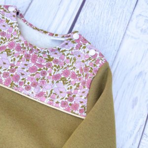 Sweat molleton vert cuivré pailleté et Liberty Poppy pompadour