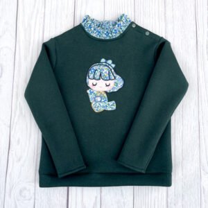 Sweat molletonné vert sapin et liberty Betsy berry denim broderie Sakura