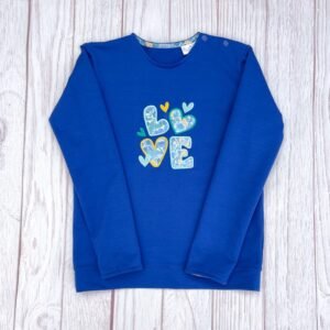 Sweat légerbleu élecrtique et liberty Margaret Annie Tahiti motif "LOVE"