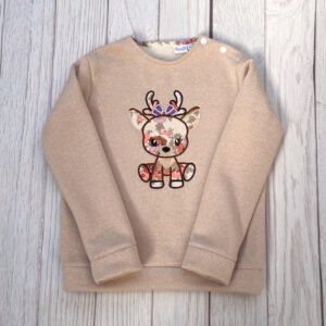 Sweat molletonné pailleté latte et liberty Madeleine antique fluo broderie Renne