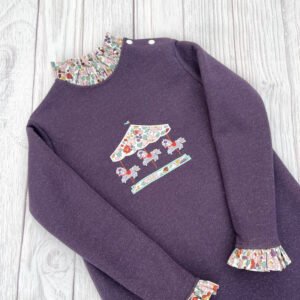 Robe brodée sweat violet pailleté et Liberty Betsy rust