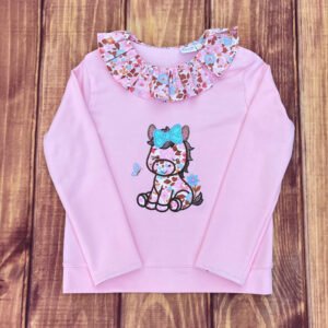Sweat léger rose layette et liberty Betsy écureuil broderie cheval girly
