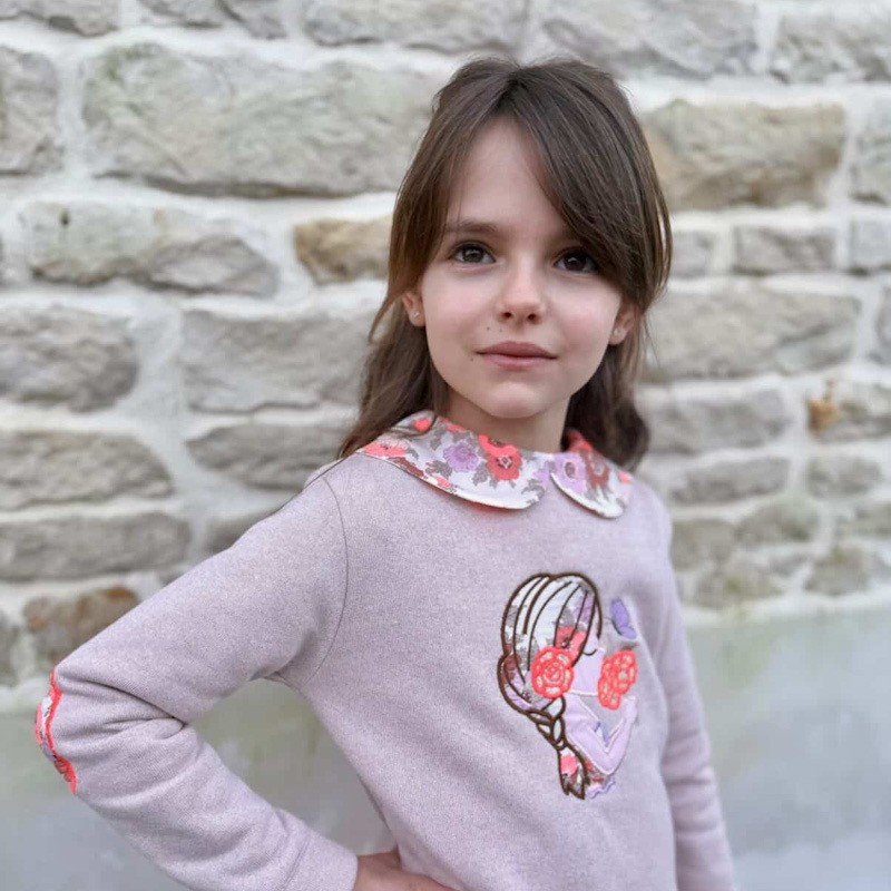 Sweat molletonné pailleté latte et liberty Madeleine antique fluo broderie Jeune fille – Image 2