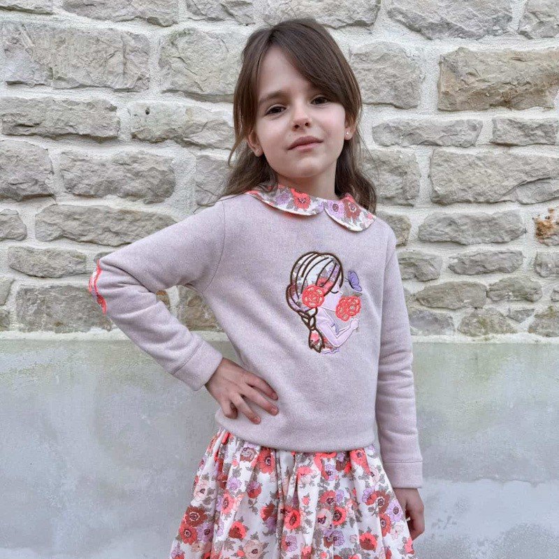 Sweat molletonné pailleté latte et liberty Madeleine antique fluo broderie Jeune fille