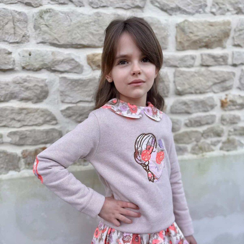Sweat molletonné pailleté latte et liberty Madeleine antique fluo broderie Jeune fille – Image 6