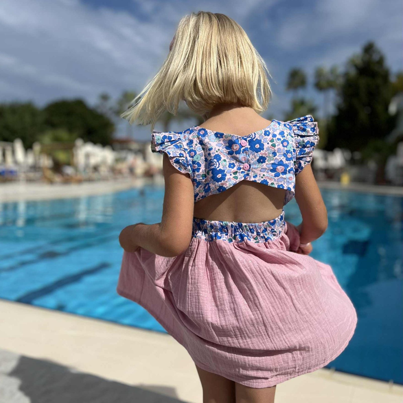 Robe Adèle liberty Betsy cobalt et gaze pailletée rose