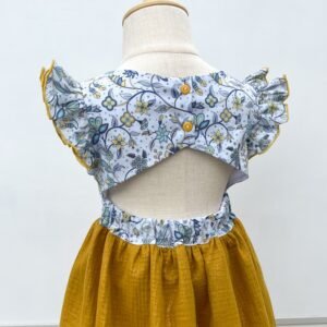 Robe Adèle liberty midnight vine et gaze pailletée moutarde