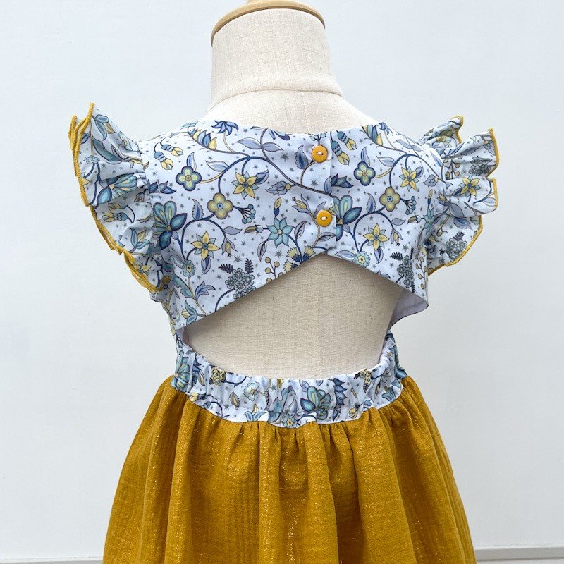 Robe Adèle liberty midnight vine et gaze pailletée moutarde