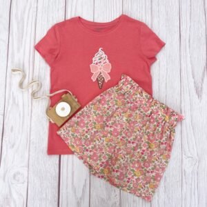Ensemble short Liberty Betsy rose vanille glitter et tshirt brodé assorti 8 ans