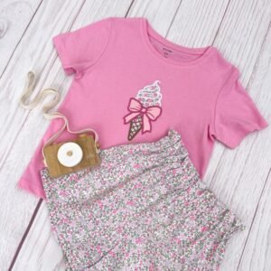 Ensemble short popeline fleurie fluo et tshirt brodé assorti 6 ans