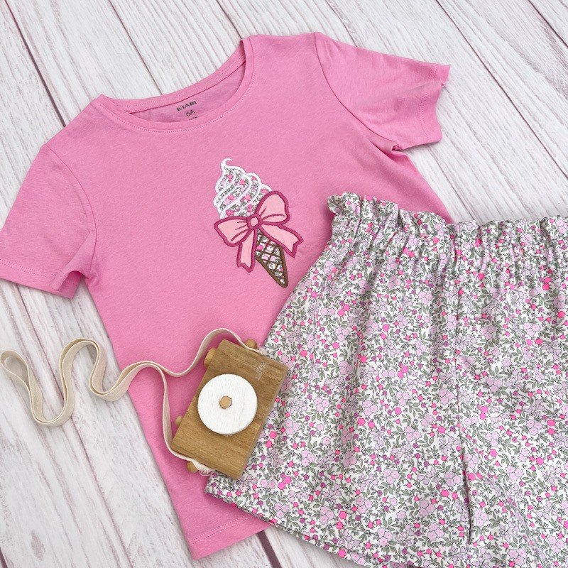 Ensemble short popeline fleurie fluo et tshirt brodé assorti 6 ans – Image 2