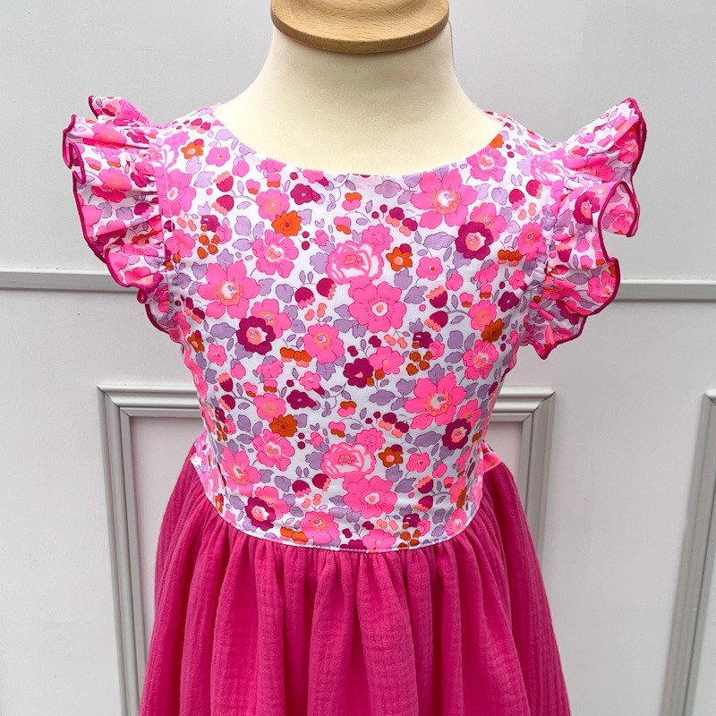 Robe Adèle liberty Betsy cassis fluo et gaze cyclamen – Image 2
