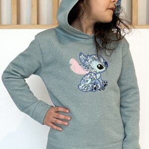 Sweat à capuche céladon pailleté et liberty Betsy berry denim motif extraterrestre