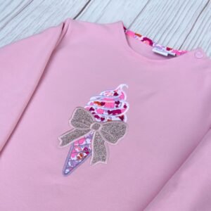Sweat léger rose layette et liberty Betsy rose rare broderie Crème glacée
