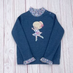 Sweat molletonné pailleté bleu orage et liberty Betsy lavender broderie Danseuse