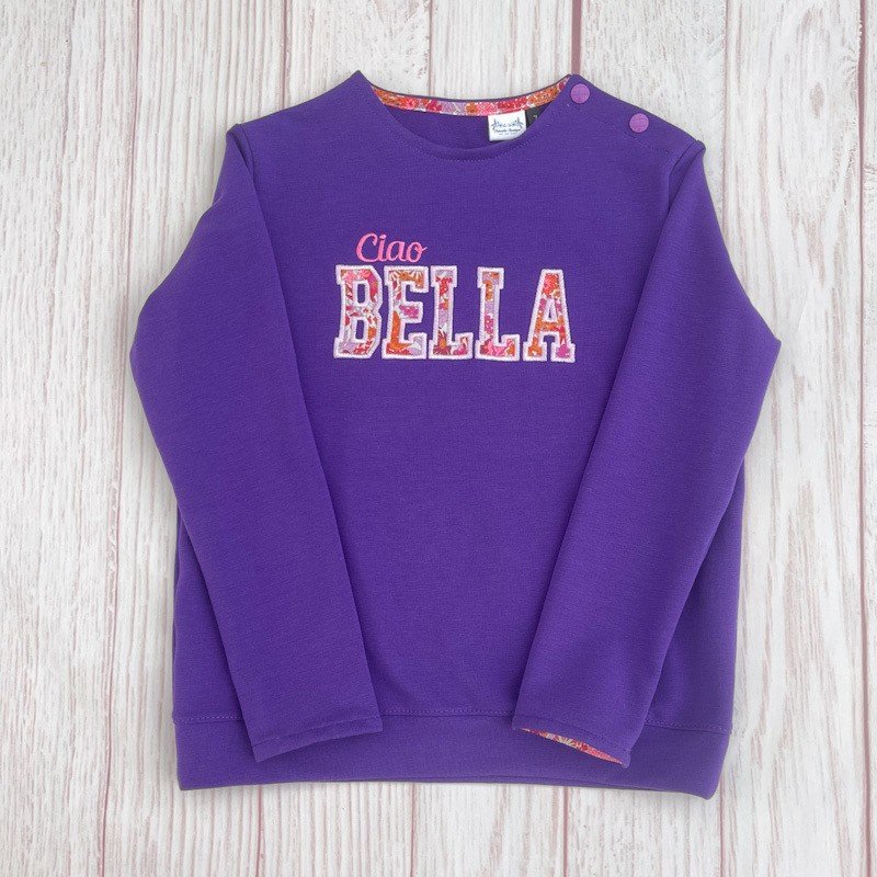 Sweat léger violet et liberty Margaret Annie Hibiscus fluo
