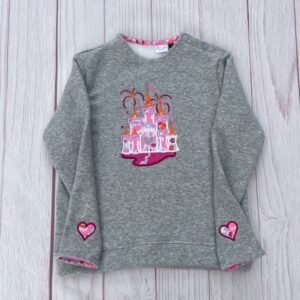 Sweat gris chiné broderie "chateau cendrillon" - coeurs manches- 7 ans