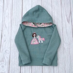 Sweat à capuche céladon pailleté et liberty Wiltshire seafoam motif princesse licorne