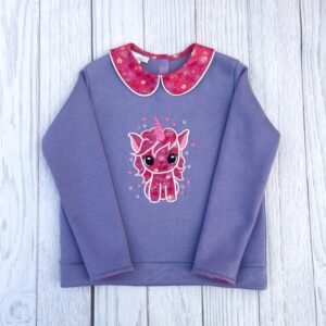 Sweat molletonné parme et liberty Betsy candy kiss broderie Licorne