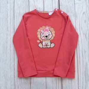 Sweat léger corail et liberty Betsy gerbera broderie Lion noeud