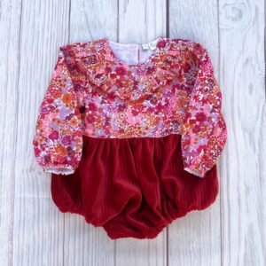 Barboteuse Clarisse velours rouille et liberty Margaret annie Hibiscus