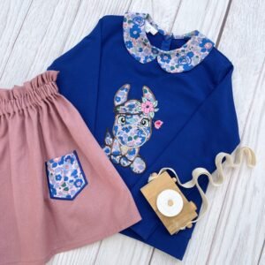 Sweat léger bleu électrique et liberty Betsy cobalt broderie Âne girly