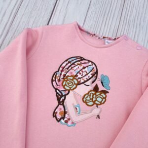 Sweat molletonné rose layette et liberty Betsy écureuil broderie Jeune fille fleurs