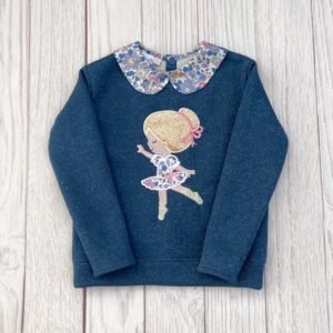 Sweat molletonné pailleté bleu orage et liberty Betsy lavender broderie Danseuse