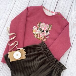 Sweat molletonné pailleté cuivre et liberty Betsy rose vanille glitter broderie Renard girly
